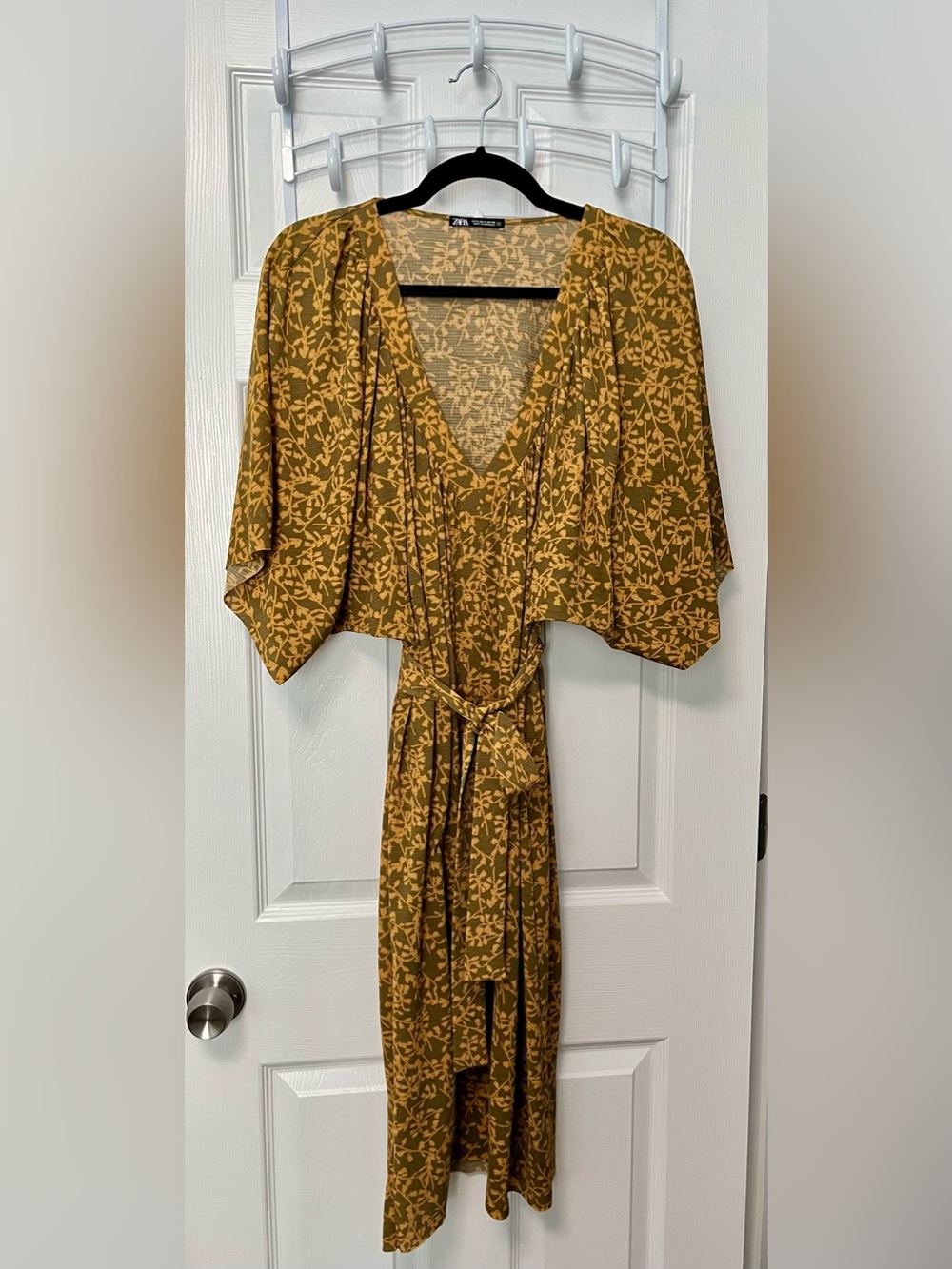 Brown and Mustard Botanical Print Midi Dress